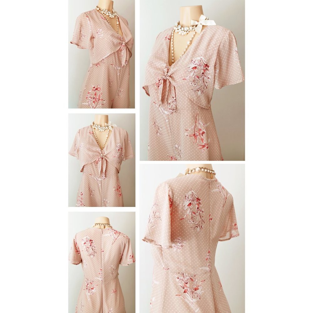 NEW Beige Polka Dots Short Sleeve Tie Front Romper - Picture 4 of 10